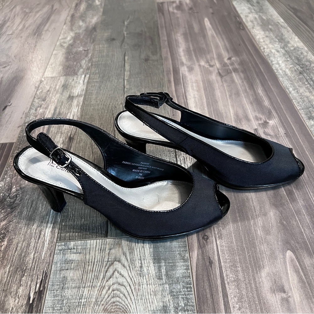 Liz Claiborne Womens Faison Slingback Heels Size 7 Black Peep Toe Pumps With Box